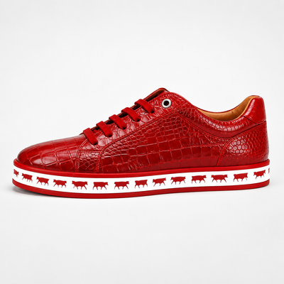 Johnny Famous Animal Men's Deep Crimson Gator-Embossed Nappa Calfskin Low-Top Sneakers | Retro Bally-Inspired