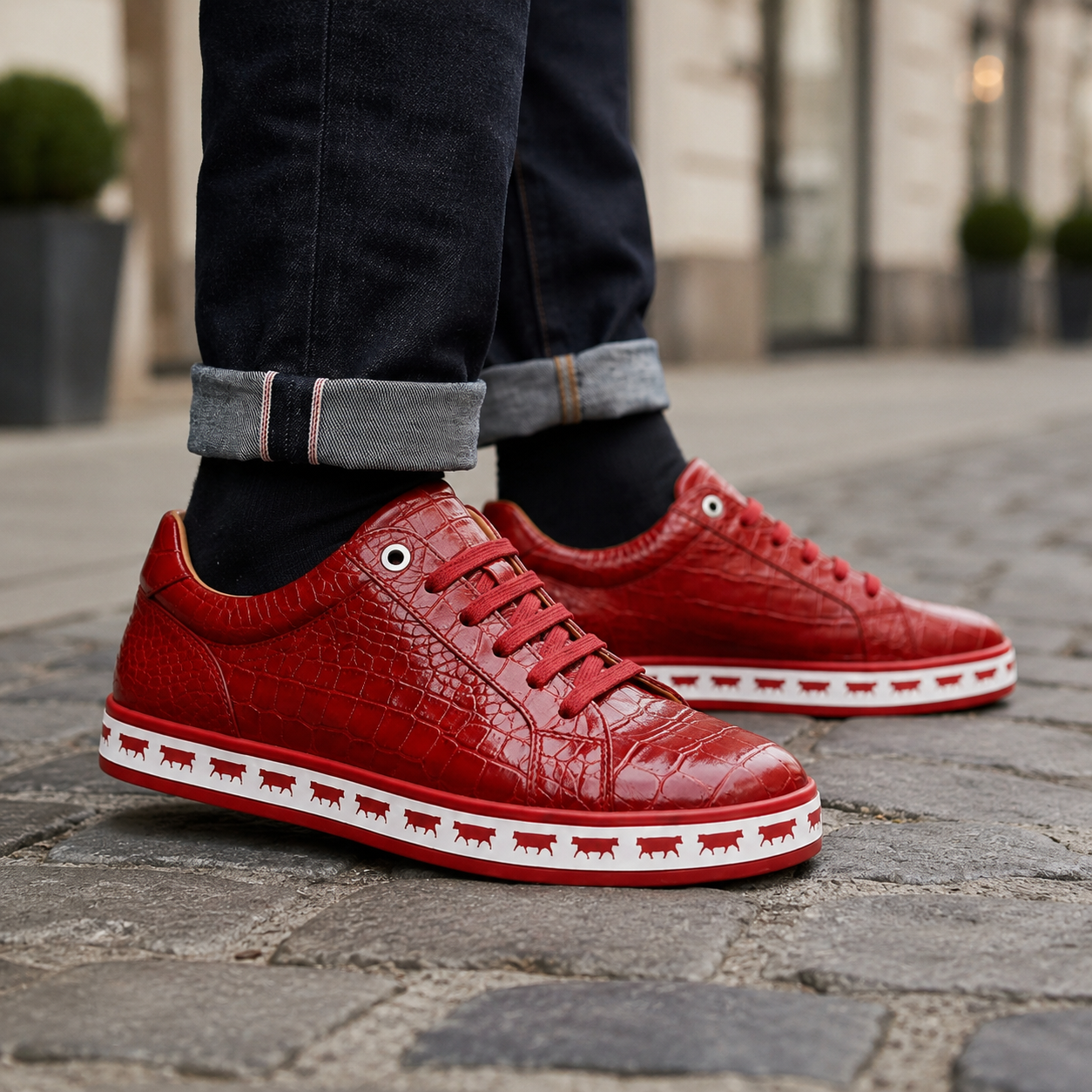 Johnny Famous Animal Men's Deep Crimson Gator-Embossed Nappa Calfskin Low-Top Sneakers | Retro Bally-Inspired