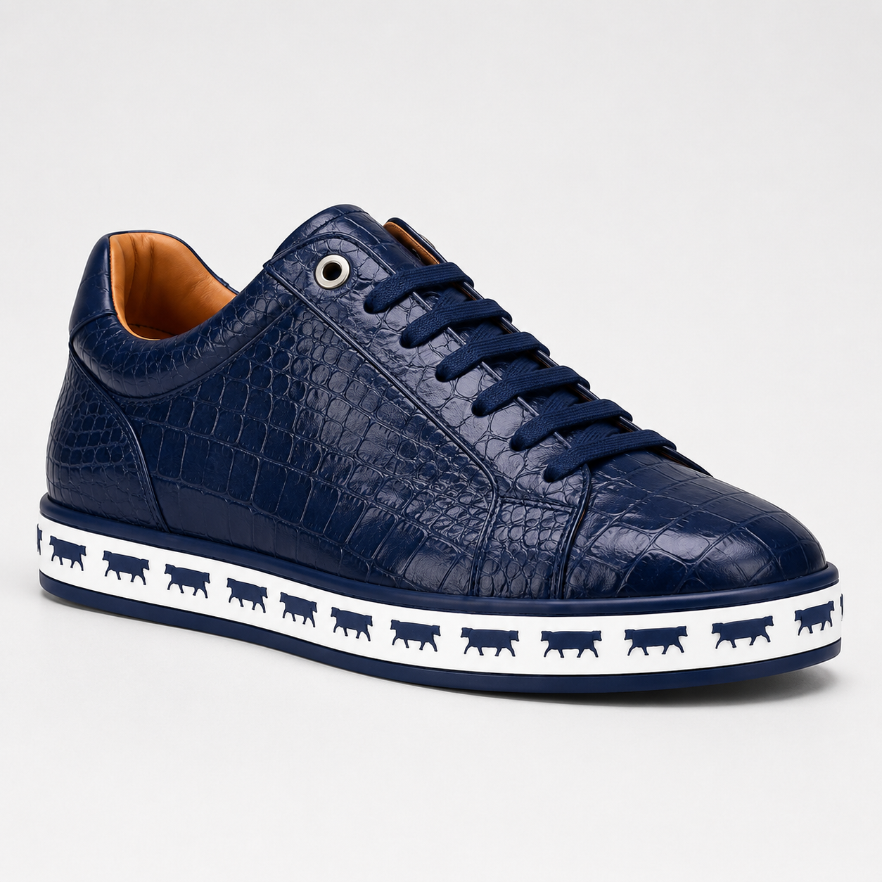 Johnny Famous Animal Men's Midnight Navy Gator-Embossed Nappa Calfskin Low-Top Sneakers | Retro Bally-Inspired