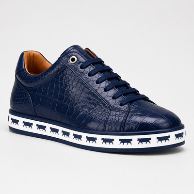 Johnny Famous Animal Men's Midnight Navy Gator-Embossed Nappa Calfskin Low-Top Sneakers | Retro Bally-Inspired