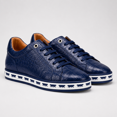 Johnny Famous Animal Men's Midnight Navy Gator-Embossed Nappa Calfskin Low-Top Sneakers | Retro Bally-Inspired
