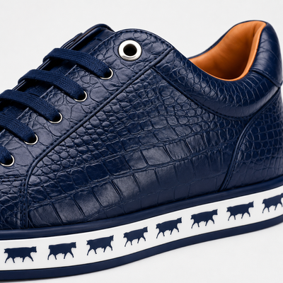Johnny Famous Animal Men's Midnight Navy Gator-Embossed Nappa Calfskin Low-Top Sneakers | Retro Bally-Inspired