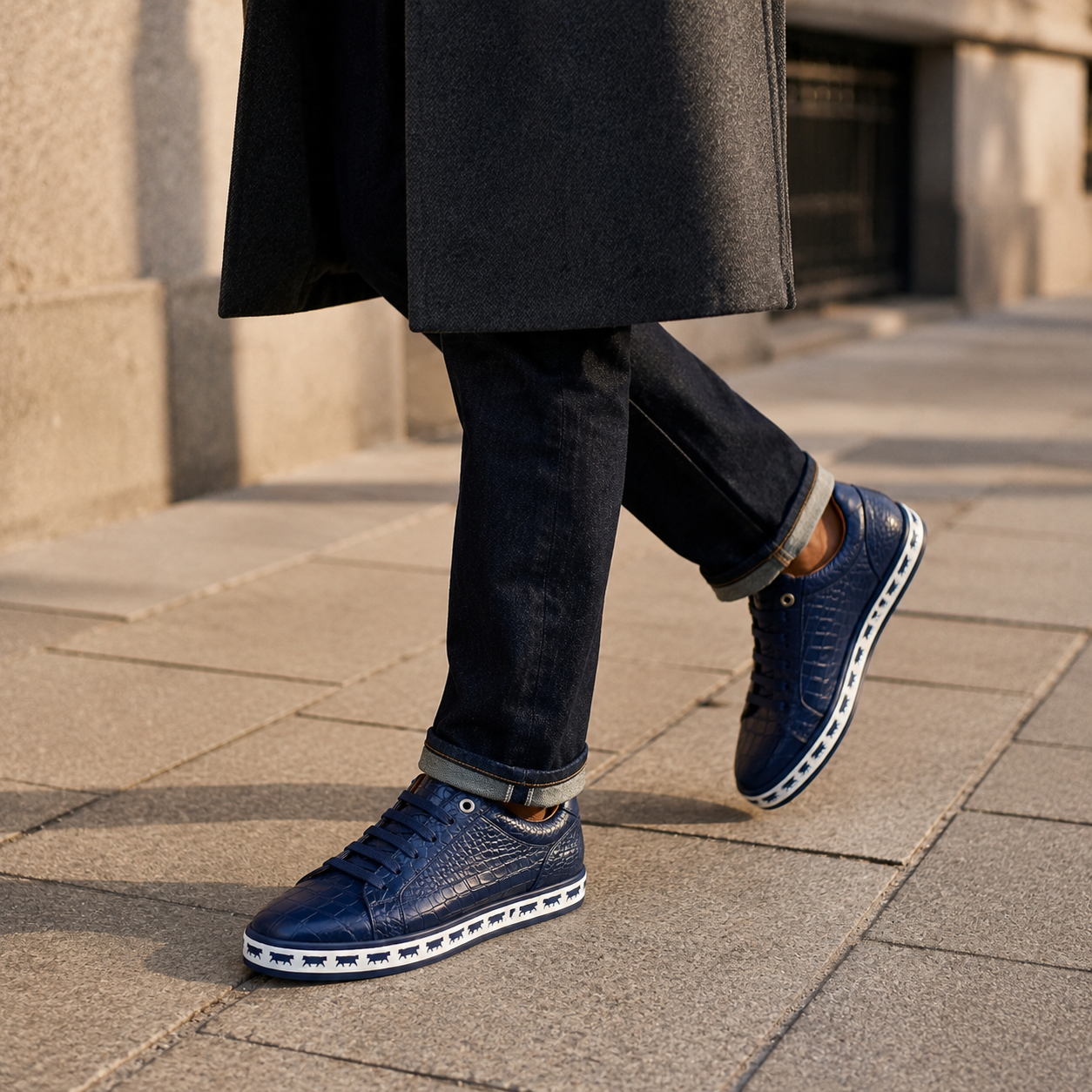 Johnny Famous Animal Men's Midnight Navy Gator-Embossed Nappa Calfskin Low-Top Sneakers | Retro Bally-Inspired