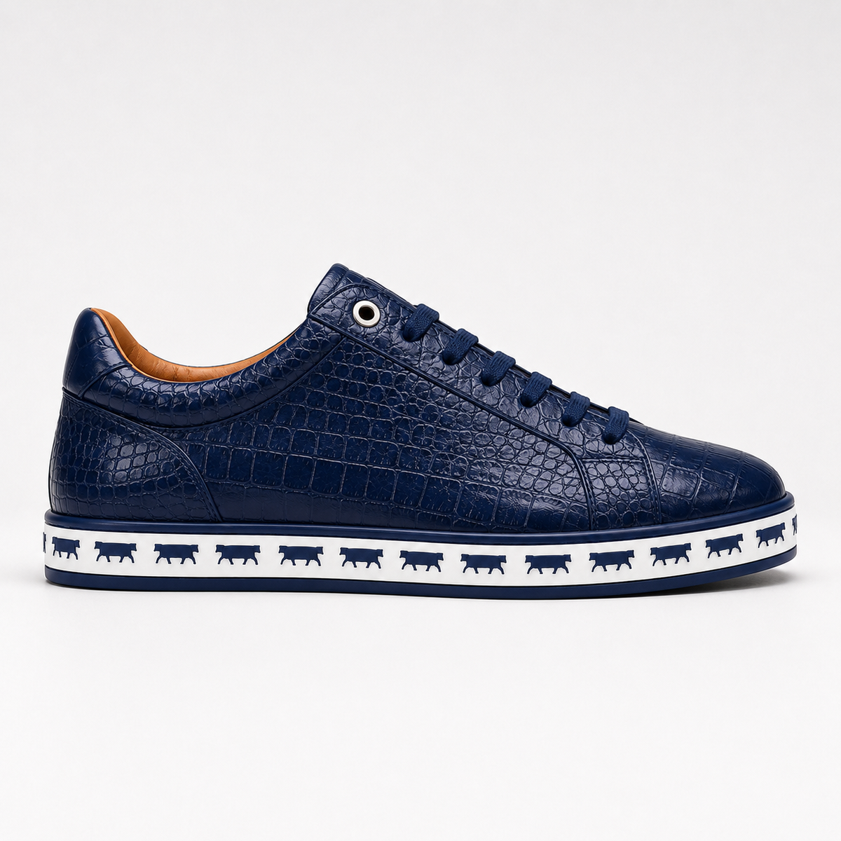 Johnny Famous Animal Men's Midnight Navy Gator Embossed Nappa Calfskin Low Top Sneakers | Retro Bally Inspired – Front View