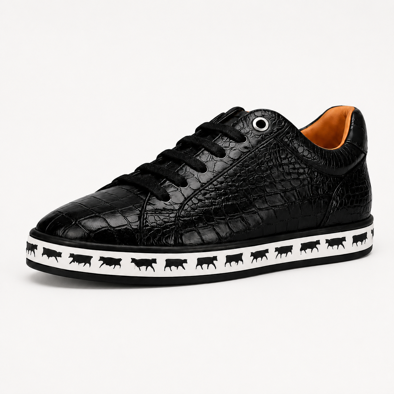 Johnny Famous Animal Men's Onyx Black Gator-Embossed Nappa Calfskin Low-Top Sneakers | Retro Bally-Inspired