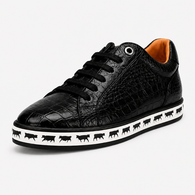 Johnny Famous Animal Men's Onyx Black Gator-Embossed Nappa Calfskin Low-Top Sneakers | Retro Bally-Inspired