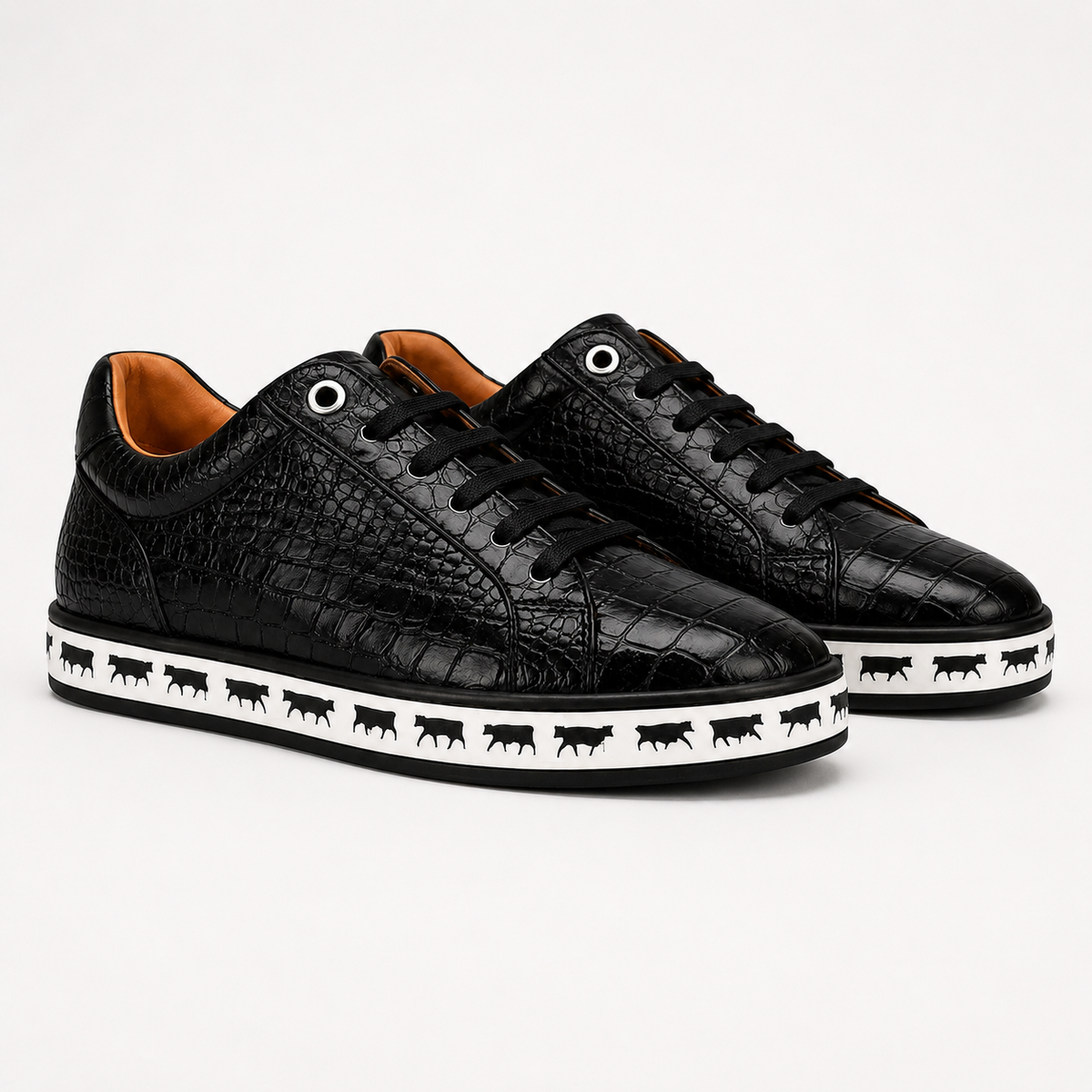 Johnny Famous Animal Men's Onyx Black Gator Embossed Nappa Calfskin Low Top Sneakers | Retro Bally Inspired – Side Profile