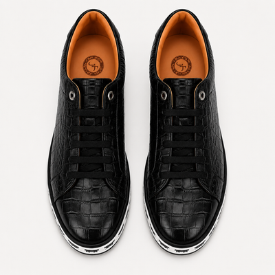 Johnny Famous Animal Men's Onyx Black Gator-Embossed Nappa Calfskin Low-Top Sneakers | Retro Bally-Inspired