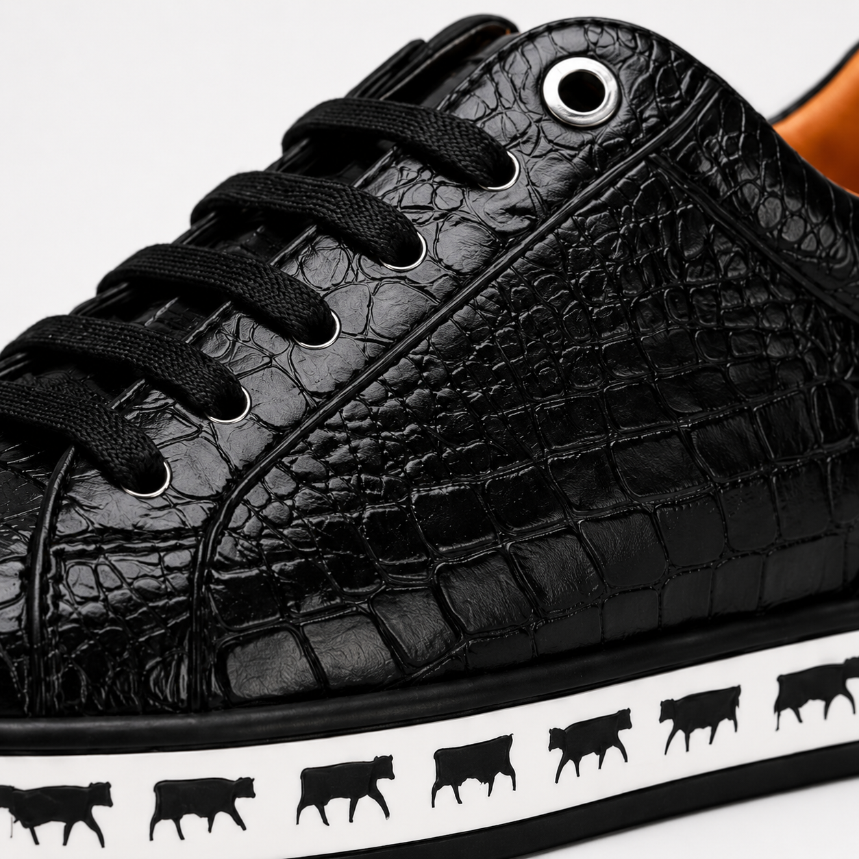 Johnny Famous Animal Men's Onyx Black Gator-Embossed Nappa Calfskin Low-Top Sneakers | Retro Bally-Inspired