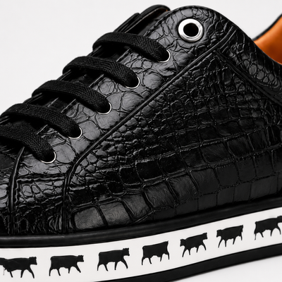 Johnny Famous Animal Men's Onyx Black Gator-Embossed Nappa Calfskin Low-Top Sneakers | Retro Bally-Inspired