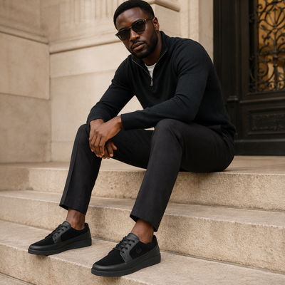 Johnny Famous Park West Men's All-Black Nappa Leather & Textured Suede Low-Top Sneakers | Retro Bally-Inspired