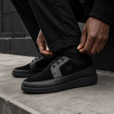 Johnny Famous Park West Men's All-Black Nappa Leather & Textured Suede Low-Top Sneakers | Retro Bally-Inspired