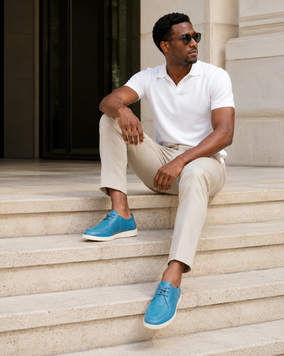 Johnny Famous Delancey Men's Turquoise Nappa Leather & Suede Low-Top Sneakers | Retro Bally-Inspired