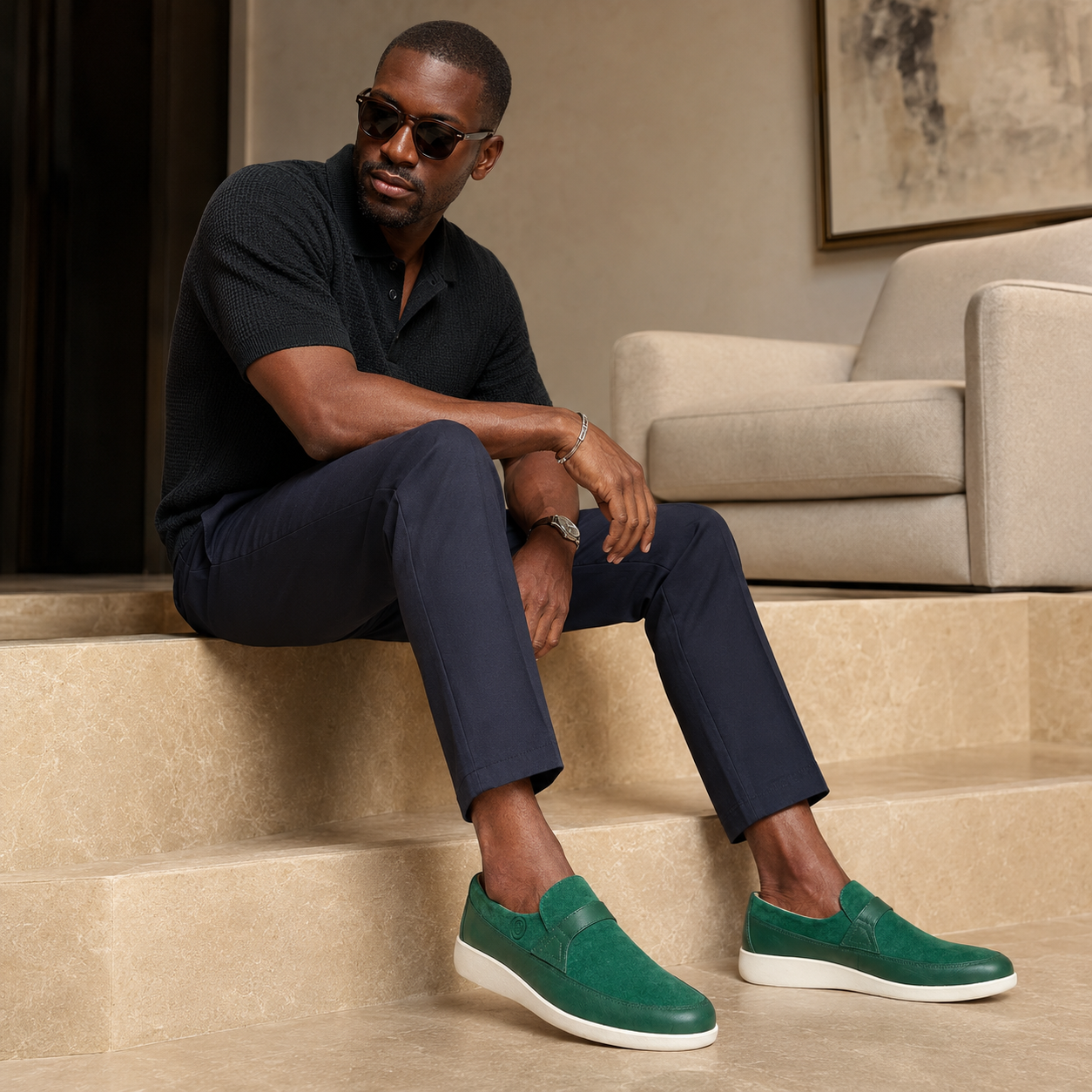 Johnny Famous Tribeca Men's Deep Green Leather & Suede Slip-On Sneakers | Retro Bally-Inspired