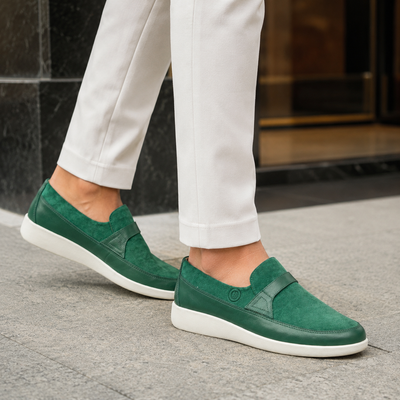 Johnny Famous Tribeca Men's Deep Green Leather & Suede Slip-On Sneakers | Retro Bally-Inspired