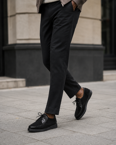 Johnny Famous Delancey Men's Black Leather & Suede Low-Top Sneakers | Retro Bally-Inspired – Detail Close-Up