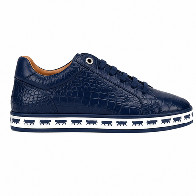 Johnny Famous Bally Style Animal Print Men's Navy Blue Gator Embossed Leather Low Top Sneakers