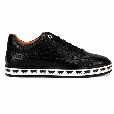 Johnny Famous Bally Style Animal Print Men's Onyx Black Gator Embossed Leather Low Top Sneakers