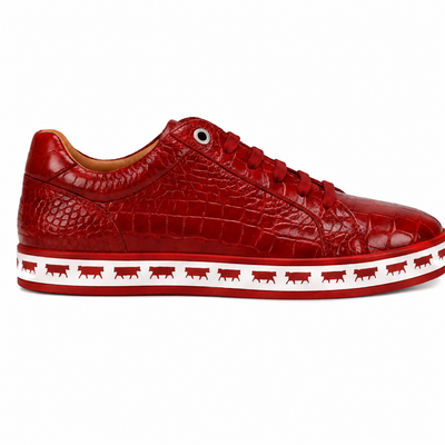 Johnny Famous Bally Style Animal Print Men's Crimson Red Gator Embossed Leather Low Top Sneakers