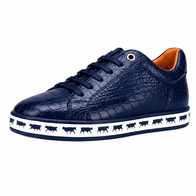 Johnny Famous Bally Style Animal Print Men's Navy Blue Gator Embossed Leather Low Top Sneakers