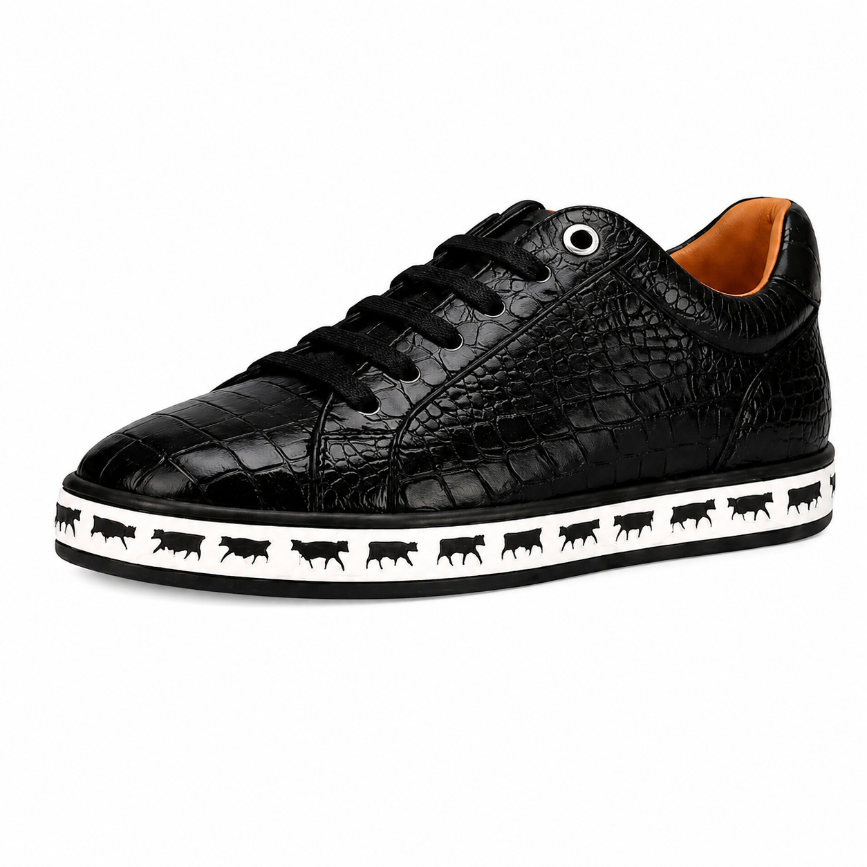 Johnny Famous Bally Style Animal Print Men's Onyx Black Gator Embossed Leather Low Top Sneakers