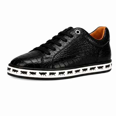 Johnny Famous Bally Style Animal Print Men's Onyx Black Gator Embossed Leather Low Top Sneakers