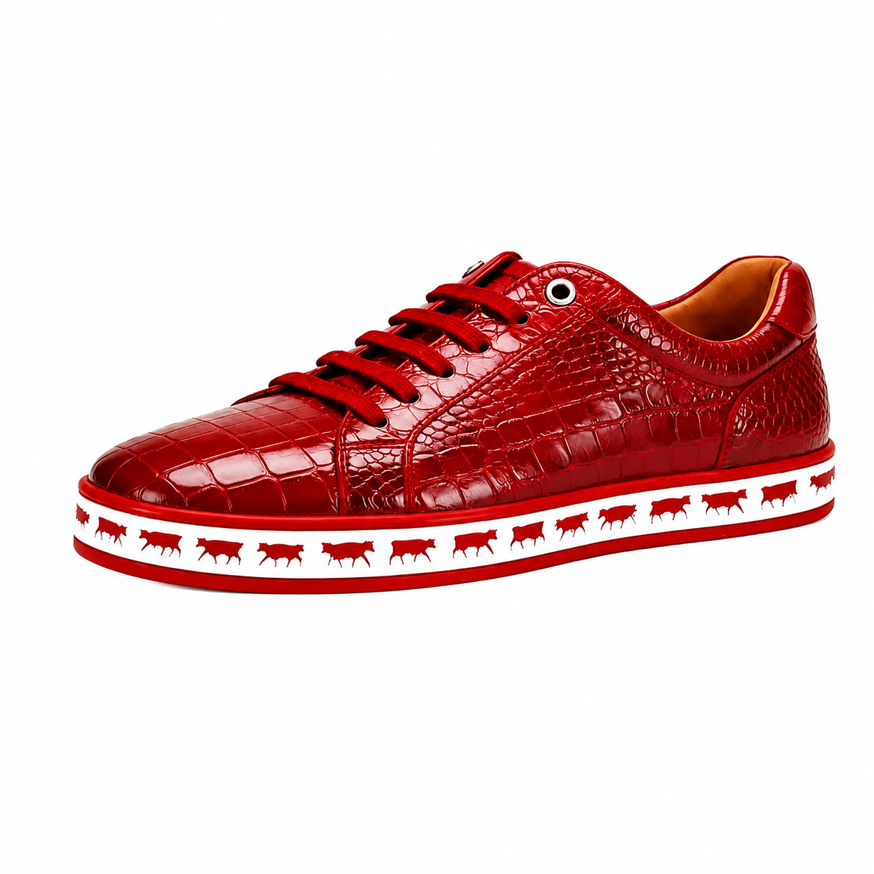 Johnny Famous Bally Style Animal Print Men's Crimson Red Gator Embossed Leather Low Top Sneakers