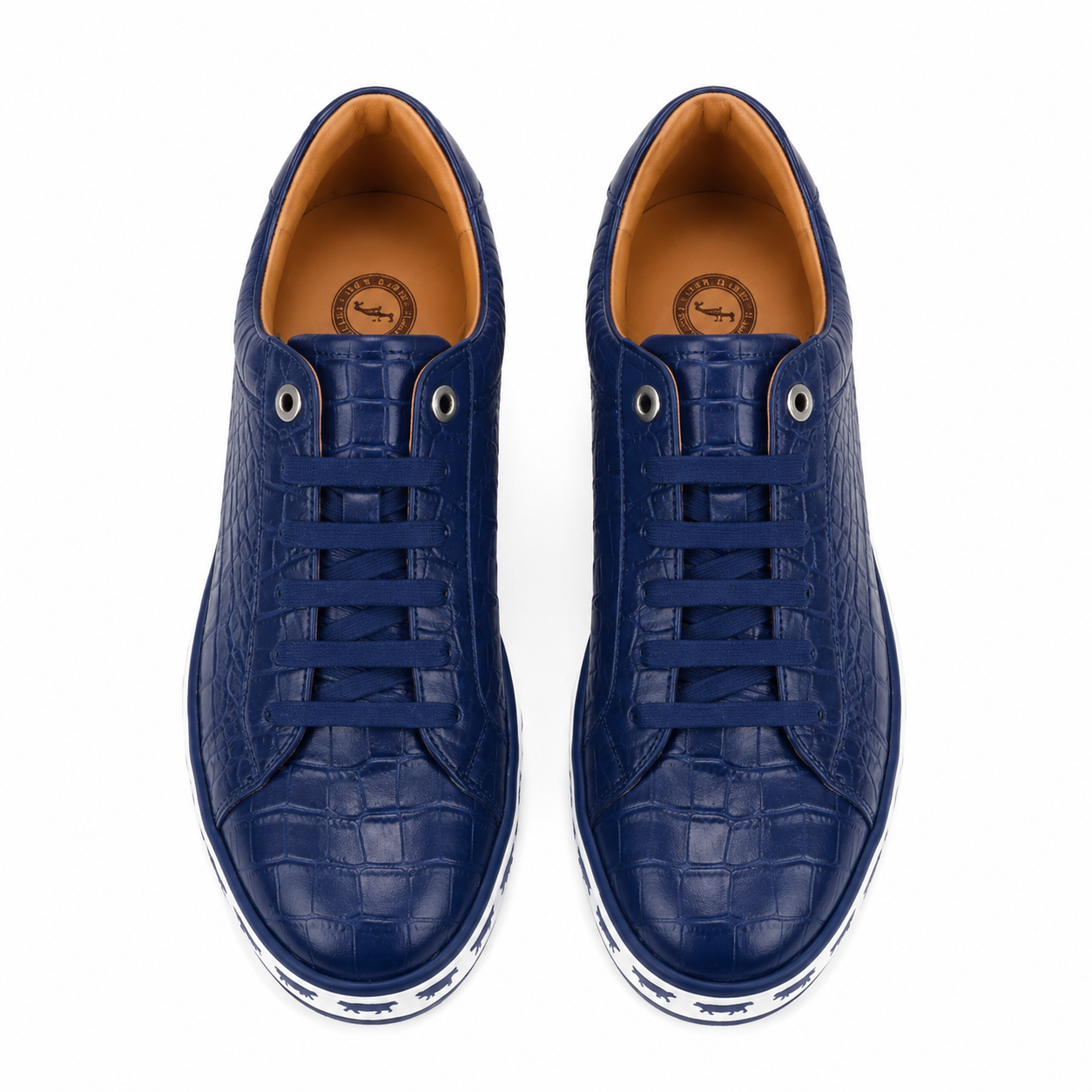 Johnny Famous Bally Style Animal Print Men's Navy Blue Gator Embossed Leather Low Top Sneakers