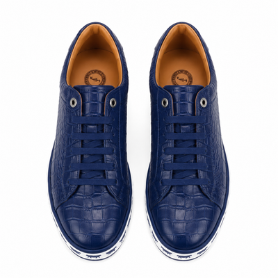 Johnny Famous Bally Style Animal Print Men's Navy Blue Gator Embossed Leather Low Top Sneakers