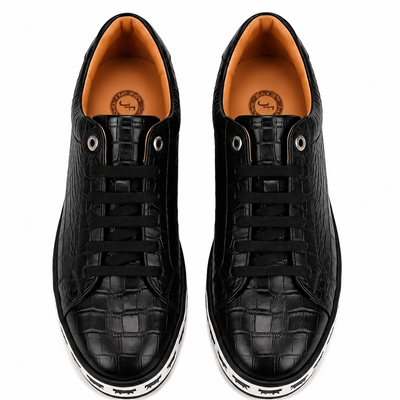Johnny Famous Bally Style Animal Print Men's Onyx Black Gator Embossed Leather Low Top Sneakers