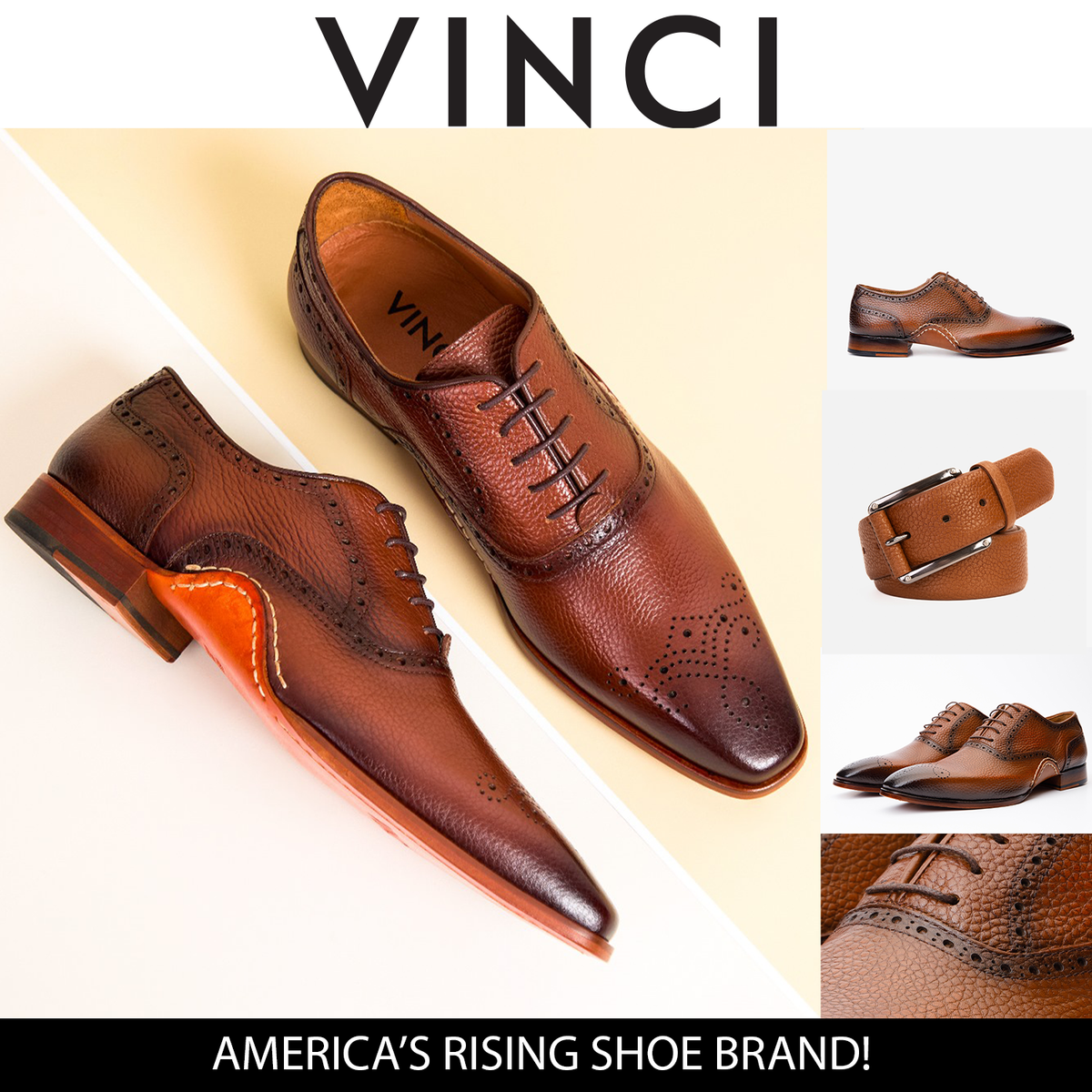 Vinci Leather The Draco Handmade Tan Semi Brogue Oxford Men Shoe – product view 3