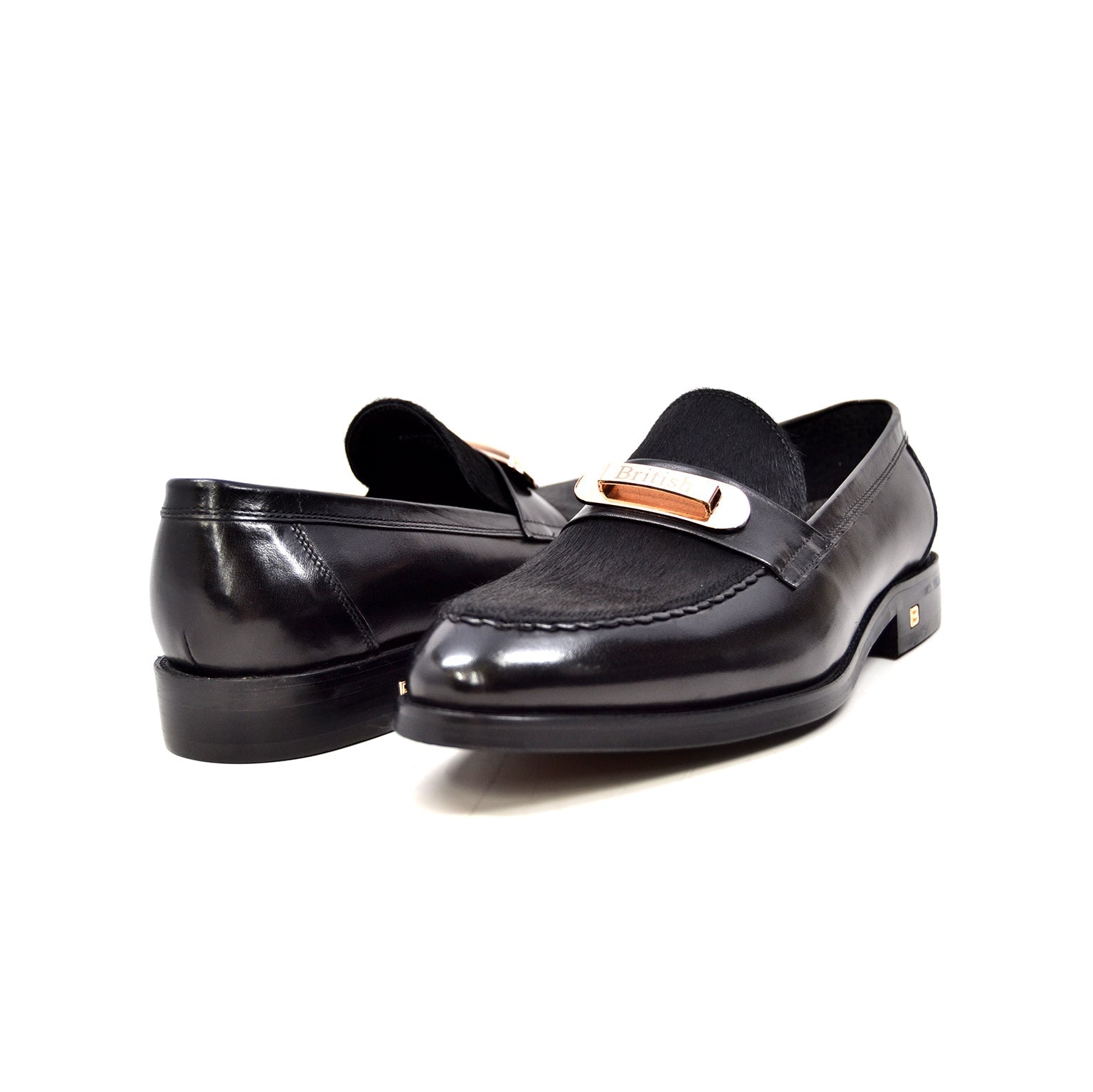 British Walkers Boss Men's Black Leather and Pony Skin Slip On Dress Shoes view 1