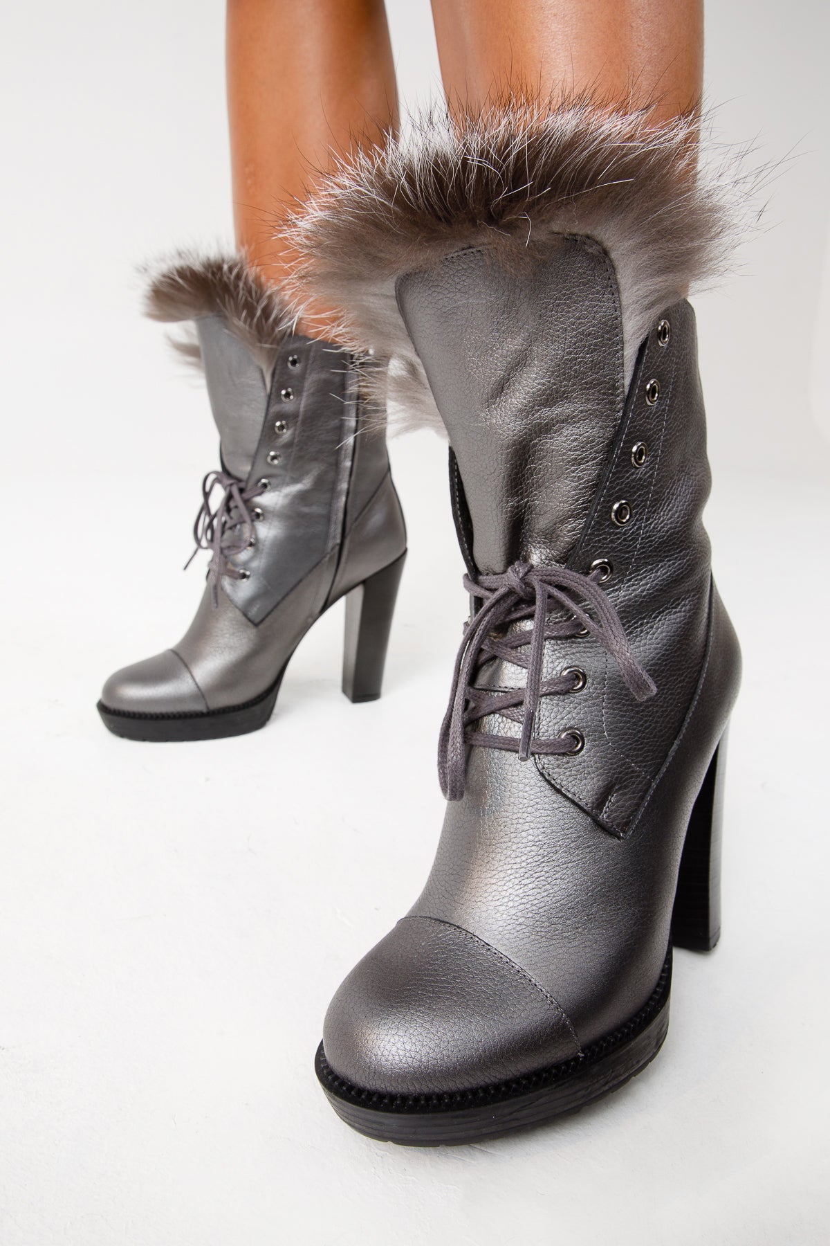 Vinci Leather The Melo Gray Leather Natural Fur Mid Calf Platform Heel Women Boot – product view 10