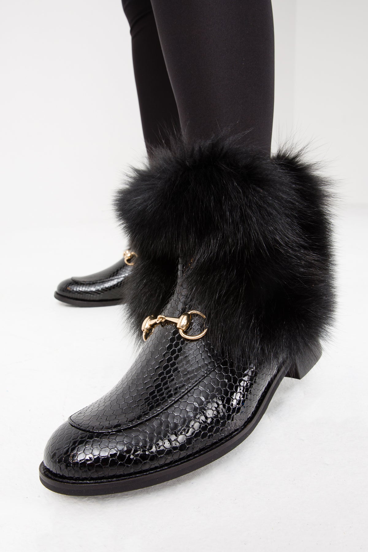 Vinci Leather The Izmir Black Patent Leather Natural Fur Mid Calf Women  Boot – product view 12