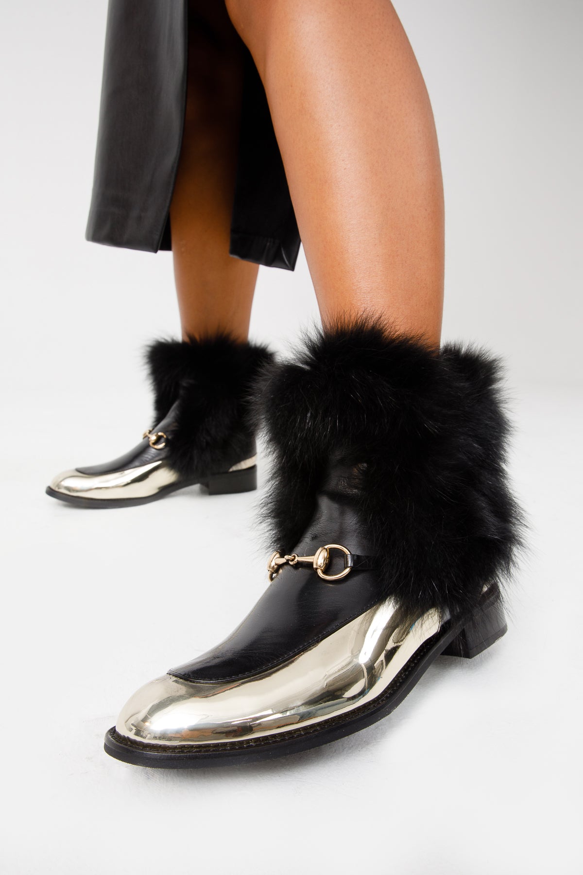 Vinci Leather The Izmir Black & Gold Leather Natural Fox Fur Mid Calf Women Boot – product view 8