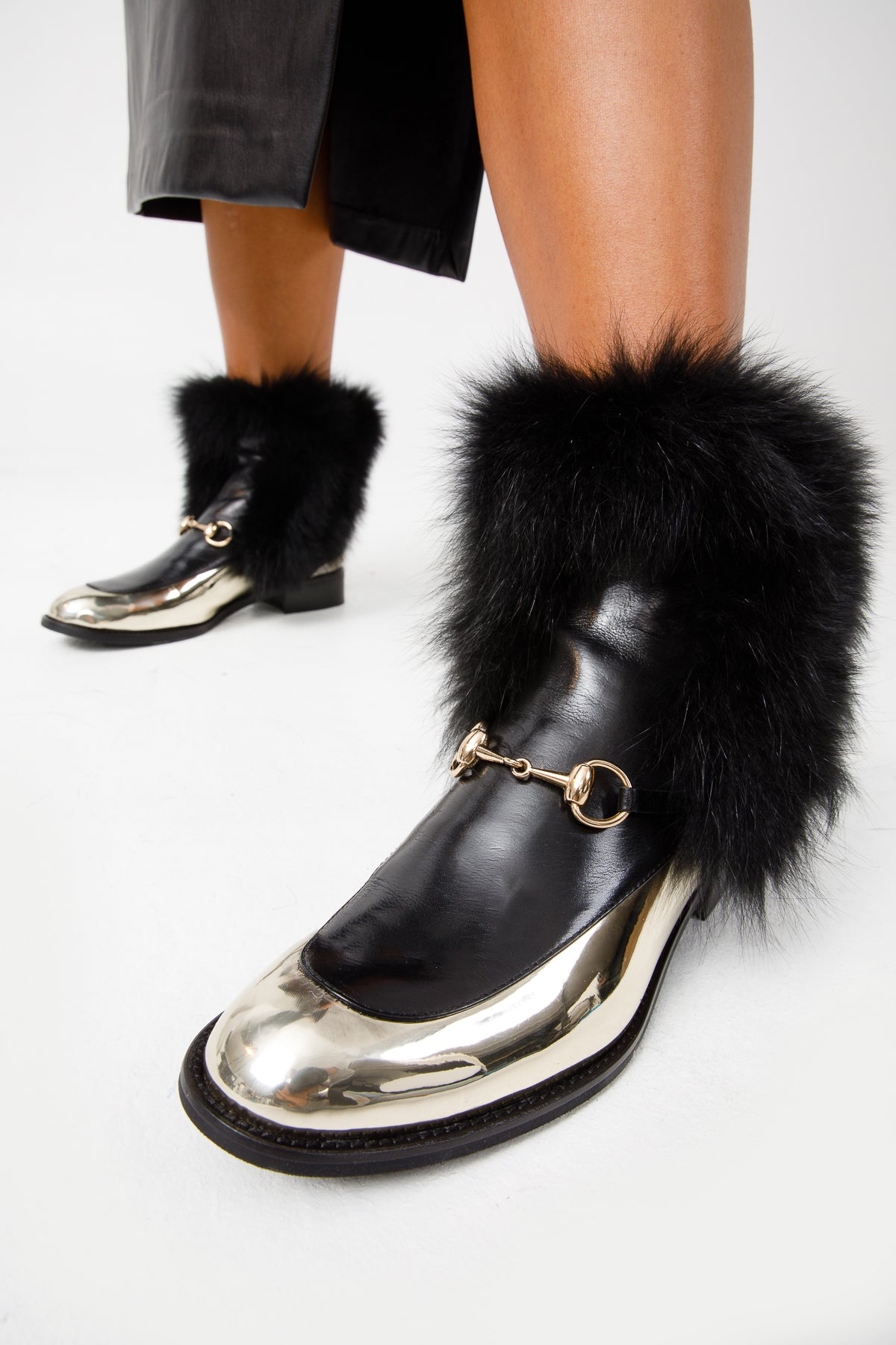 Vinci Leather The Izmir Black & Gold Leather Natural Fox Fur Mid Calf Women Boot – product view 9