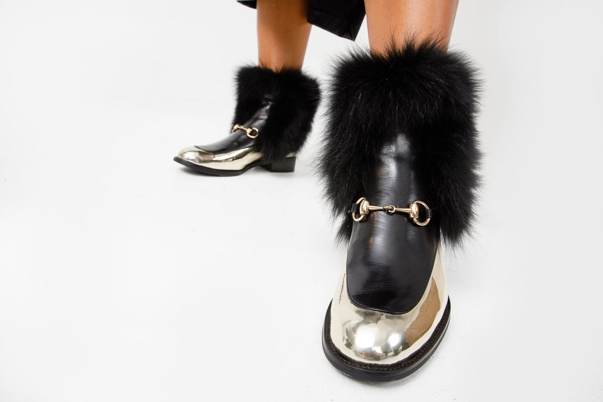 Vinci Leather The Izmir Black & Gold Leather Natural Fox Fur Mid Calf Women Boot – product view 10