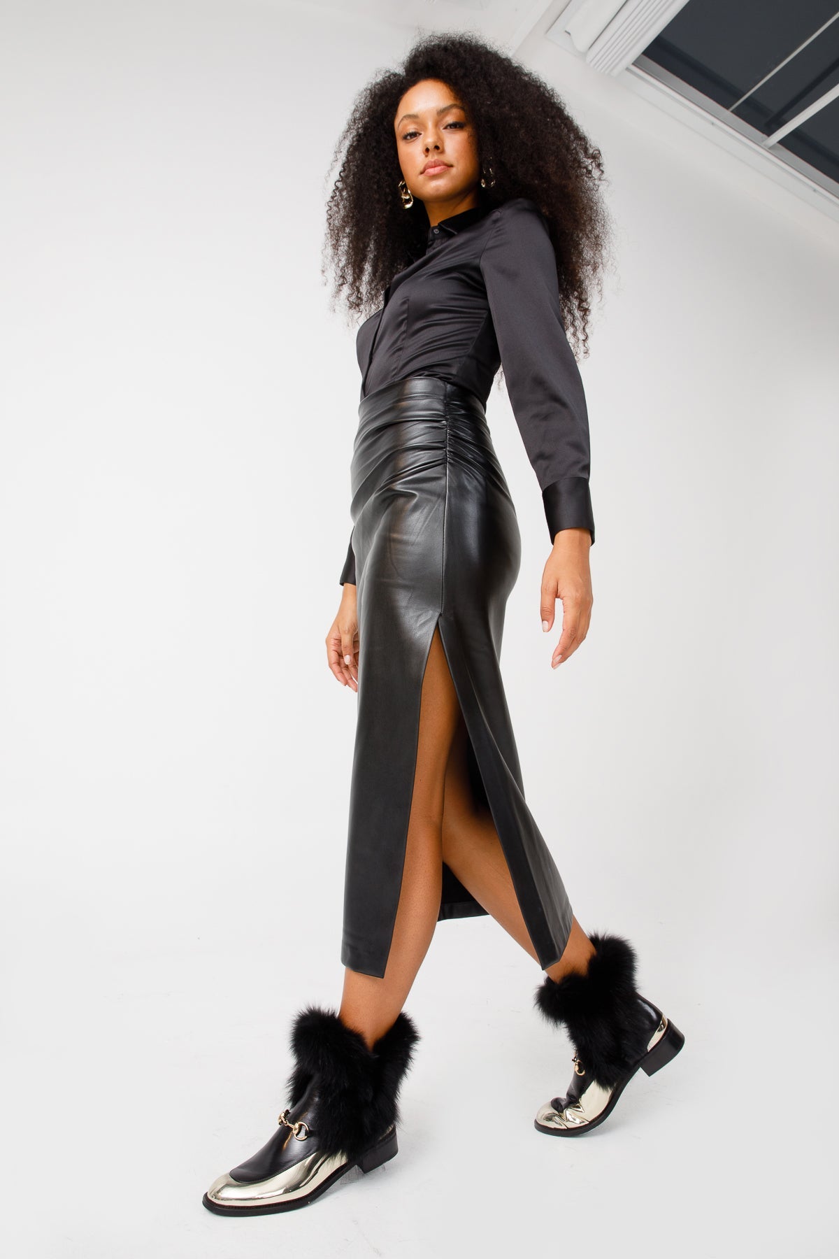 Vinci Leather The Izmir Black & Gold Leather Natural Fox Fur Mid Calf Women Boot – product view 11