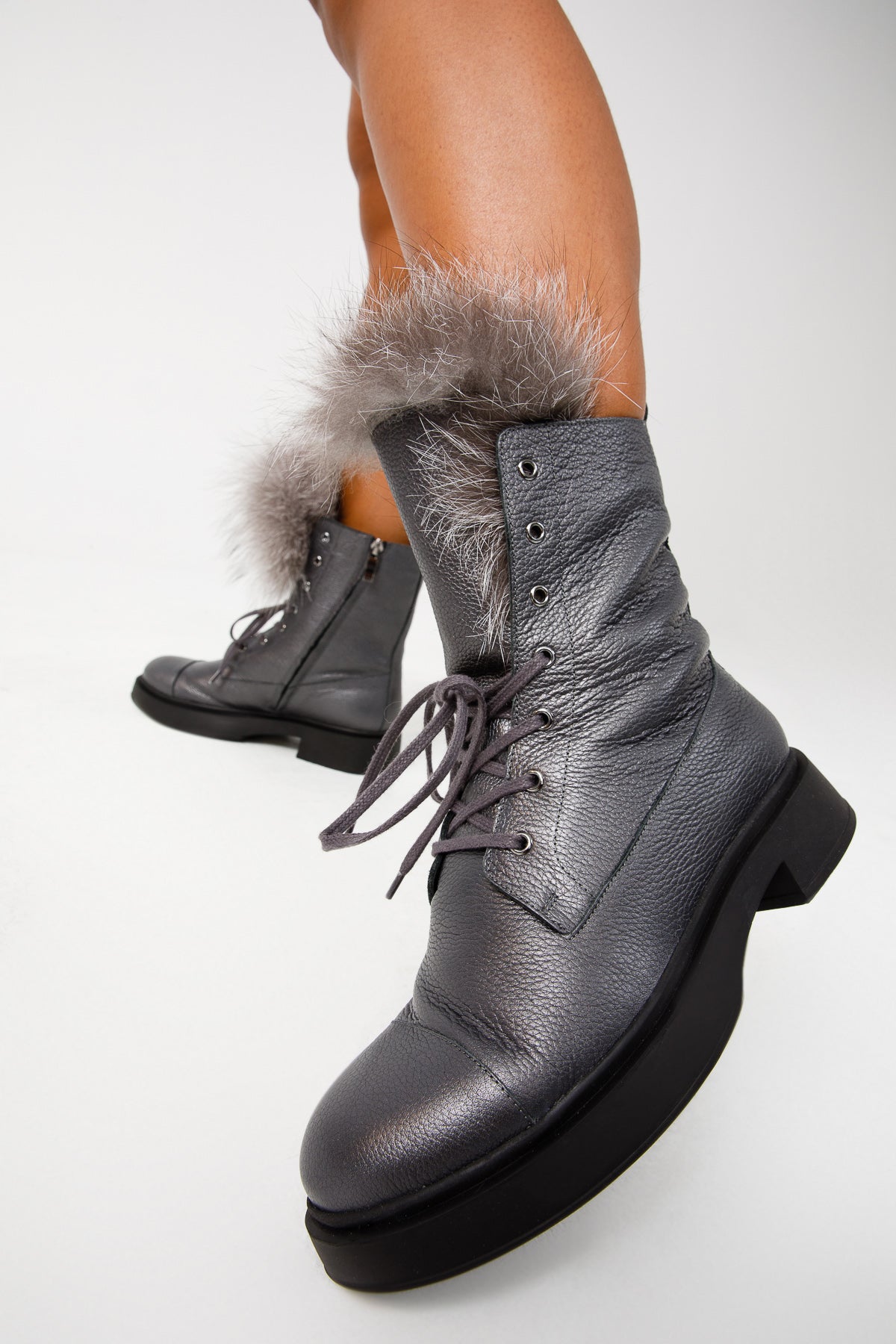 The Kajapati Gray Leather Natural Fur Mid Calf Women Boot