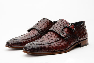 The Turan Burgundy Woven Double Monk Strap Dress Men  Shoe