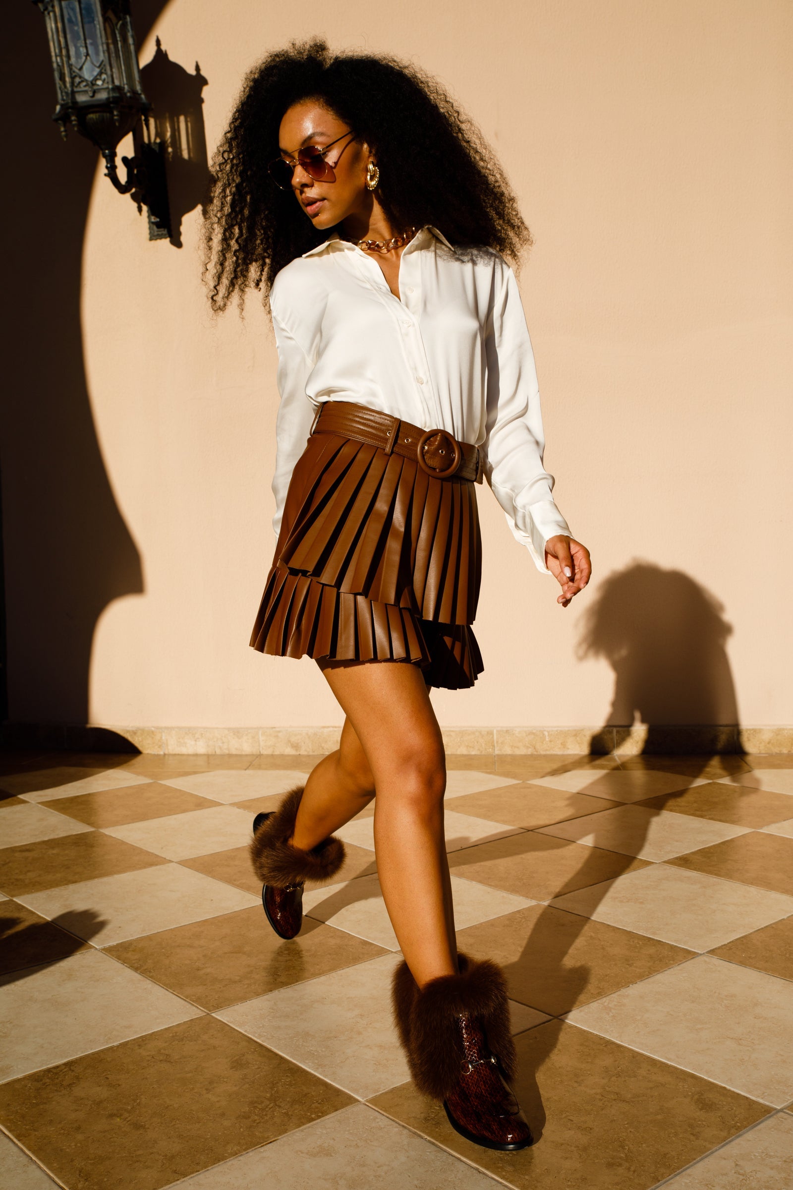 The Izmir Brown Patent Leather Natural Fur Mid Calf Women Boot
