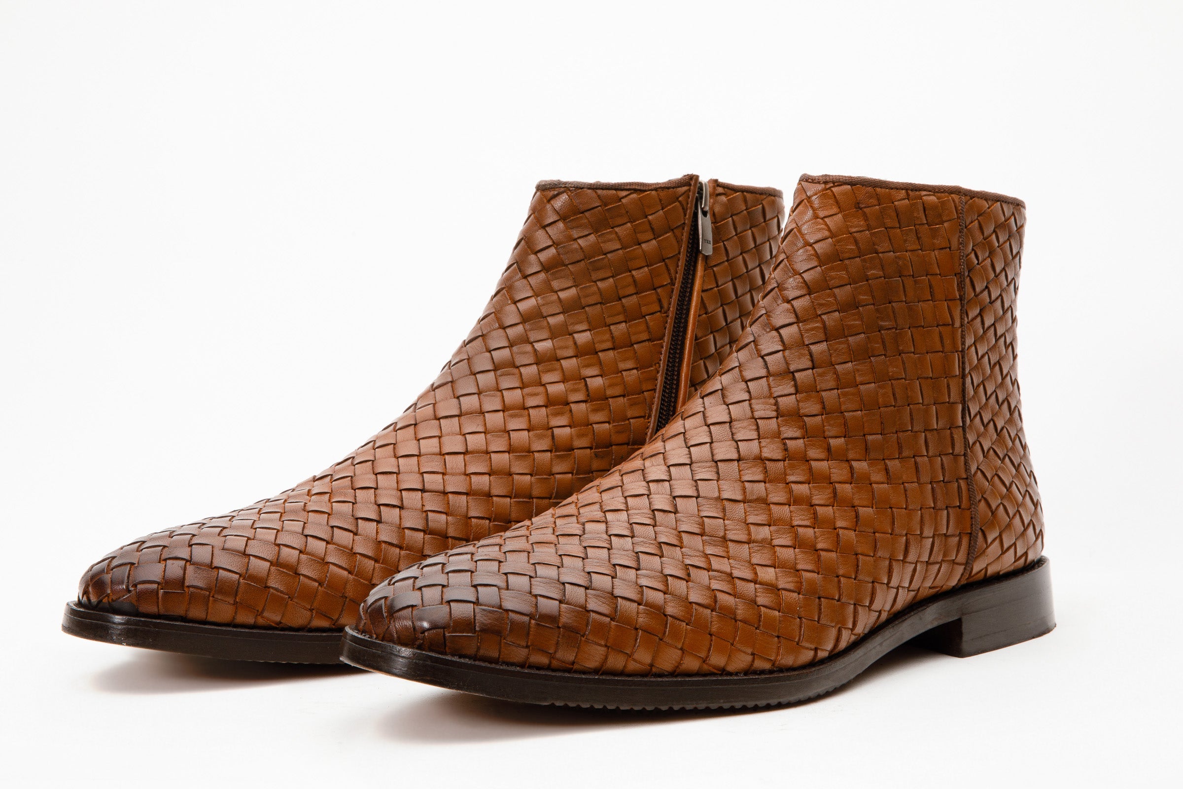 The Wellington Tan Handwoven Leather Men Boot with a Zipper Final Sale!