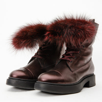 The Kajapati Burgundy Leather Natural Fur Mid Calf Women Boot