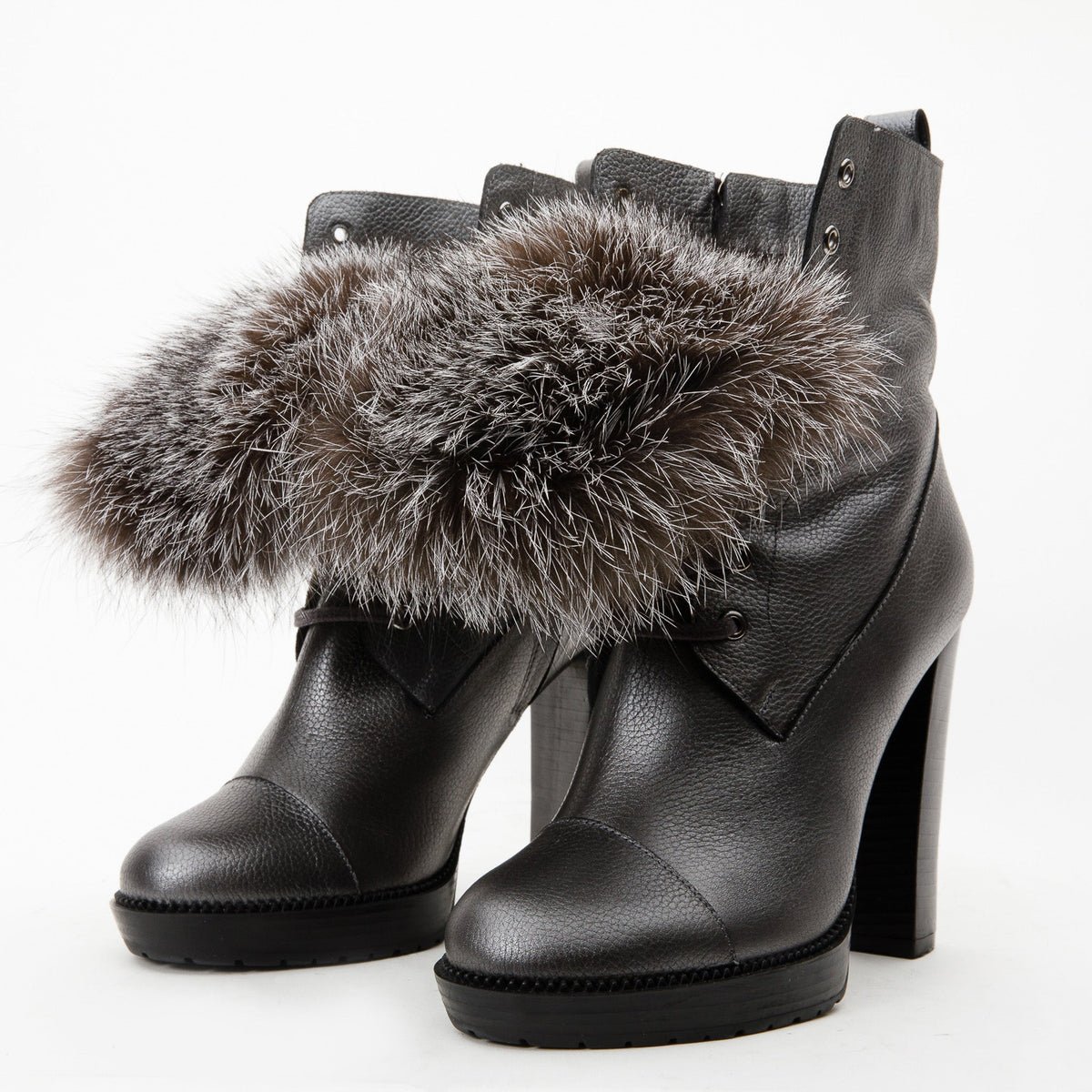 Vinci Leather The Melo Gray Leather Natural Fur Mid Calf Platform Heel Women Boot – product view 3
