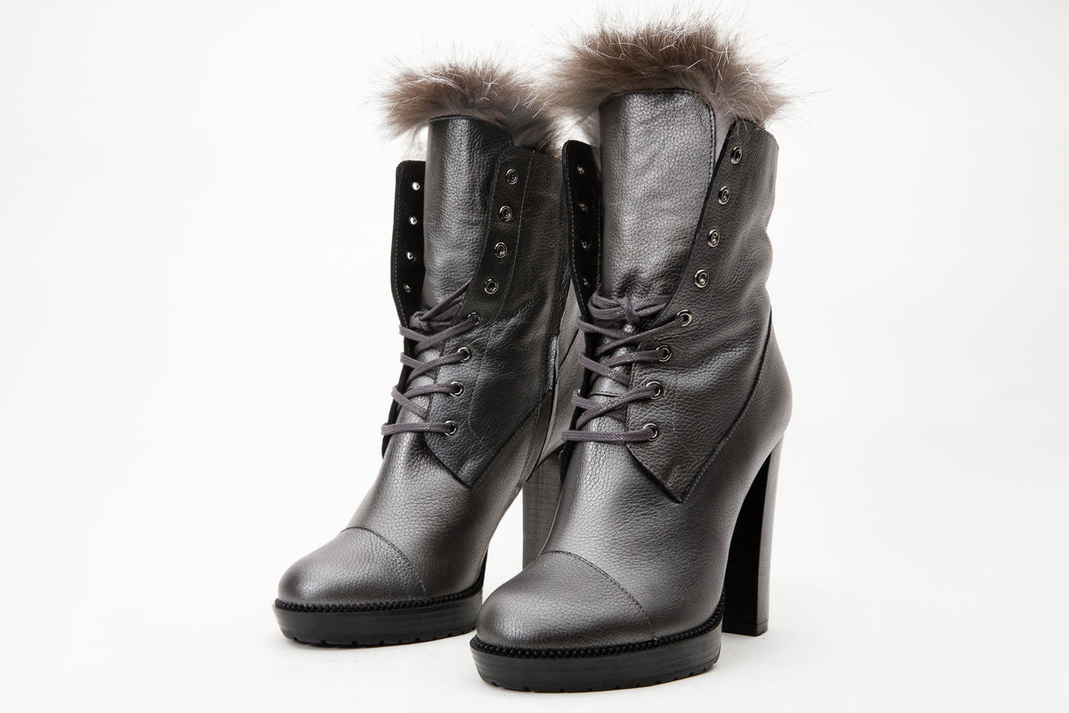 Vinci Leather The Melo Gray Leather Natural Fur Mid Calf Platform Heel Women Boot – product view 9