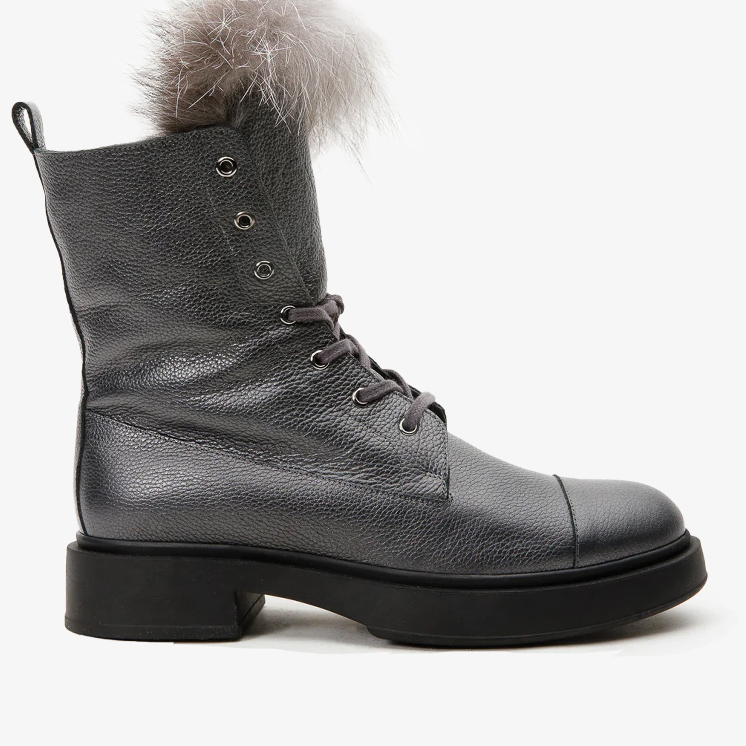 The Kajapati Gray Leather Natural Fur Mid Calf Women Boot