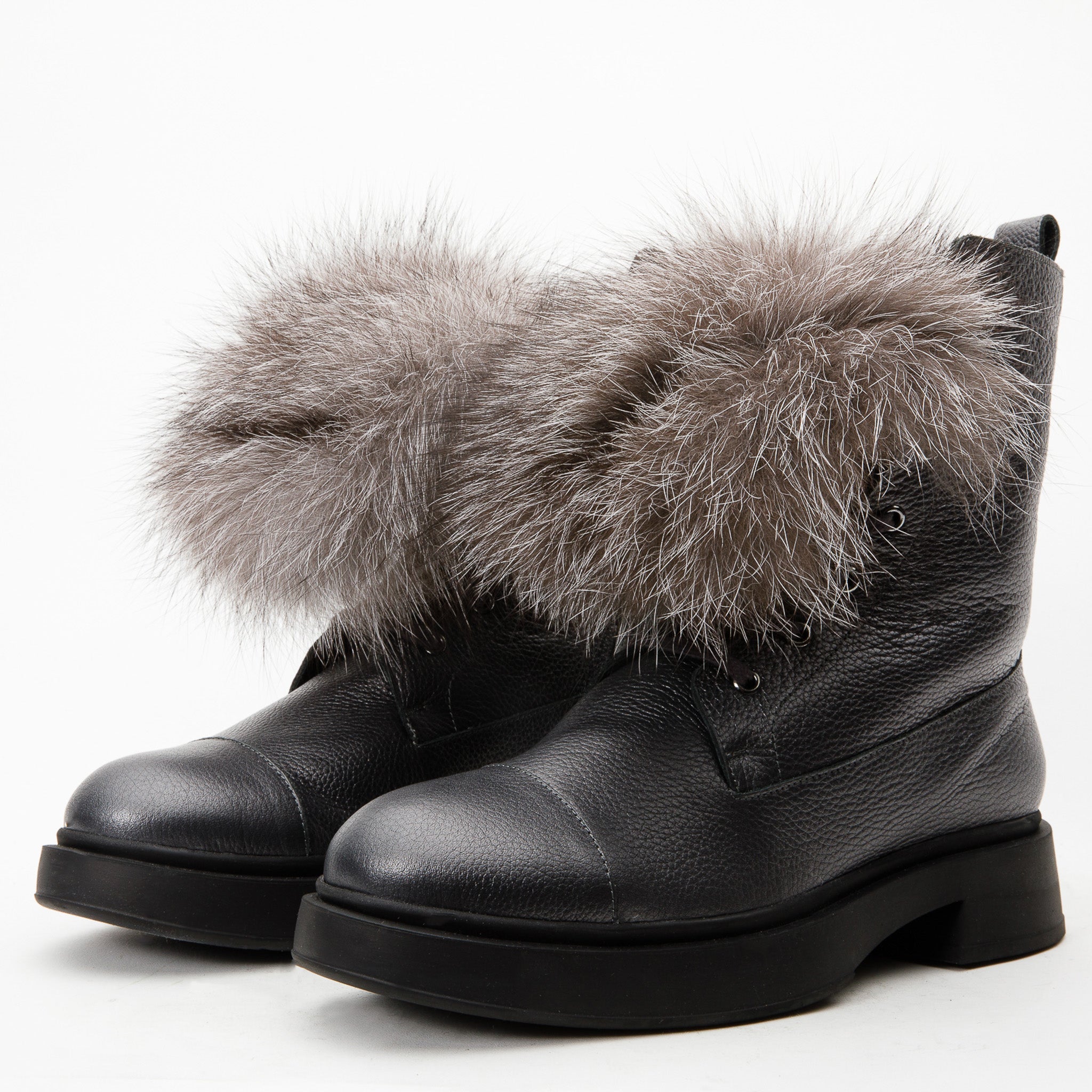 The Kajapati Gray Leather Natural Fur Mid Calf Women Boot