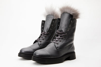 The Kajapati Gray Leather Natural Fur Mid Calf Women Boot