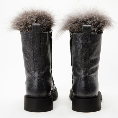The Kajapati Gray Leather Natural Fur Mid Calf Women Boot