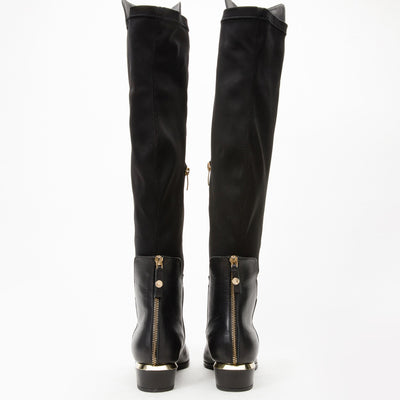 The Fairoks Black Leather Pointy Toe Knee High Women Boot